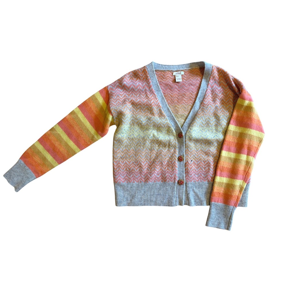 Sundance Lambswool Chevron Striped Cardigan Sweater Orange Yellow Large Flaw
